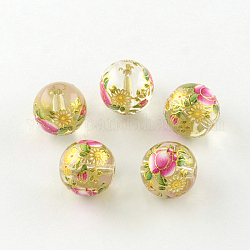 Rosenblumenmuster runden Glasperlen gedruckt, tief rosa, 11~12x11 mm, Bohrung: 1.5 mm