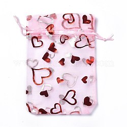 Organza Drawstring Jewelry Pouches, Wedding Party Gift Bags, Rectangle with Red Stamping Heart Pattern, Pearl Pink, 15x10x0.11cm