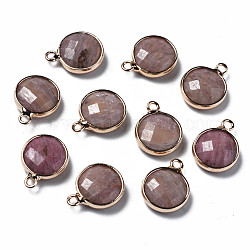 Natural Rhodonite Charms, Faceted, with Golden Plated Brass Edge and Loop, Flat Round, 14.5x11.5x4.5mm, Hole: 1.5mm