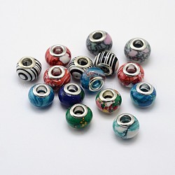 Perles européennes rondes de Murano avec gros trou manuelles, avec double noyau en laiton plaqué argent, couleur mixte, 13~14x9~10mm, Trou: 4.5~5mm