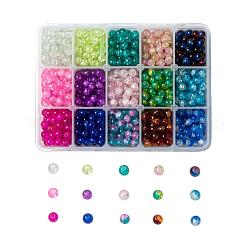 Chapelets de perles en verre craquelé peints à la bombe, ronde, couleur mixte, 6mm, Trou: 1.3~1.6mm, 15 couleurs, 70 pcs / couleur, 1050 pcs / boîte