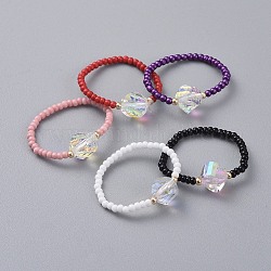 Glass Seed Beads Stretch Rings, with Faceted Electroplate K9 Glass Rhinestone Beads, Cone, Mixed Color, Size 10, 20mm