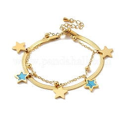 Placage ionique (ip) 304 bracelet multi-rangs chaîne en acier inoxydable, bracelet à breloques étoile turquoise synthétique pour femme, or, 6-1/4 pouce (16 cm)