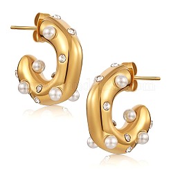 Boucles d'oreilles en forme de C avec perles de coquillage et zircone cubique transparente, 430 boucles d'oreilles demi-créoles en acier inoxydable pour femme, or, 19x6mm