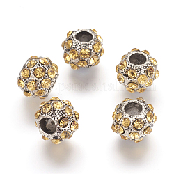 Perles européennes en alliage avec strass, rondelle, argent antique, lt.col.topaz, 11~12x9~9.5mm, Trou: 4mm