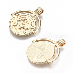 Brass Pendants, Nickel Free, Flat Round with World Map, Real 18K Gold Plated, 25x22.5x4mm, Hole: 1.4mm