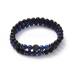 Stretch Bracelet Sets, Bracelets with Natural Lapis Lazuli(Dyed) Beads, Non-Magnetic Synthetic Hematite Beads, Natural Black Agate(Dyed) Beads and Rack Plating Brass Cubic Zirconia Beads, 2-1/8 inch(53mm), 2pcs/set