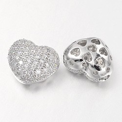 Creuses micro en laiton de coeur ouvrent perles cubes de zircone, platine, 11x14x8mm, Trou: 3mm