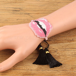 Glass Seed Braided Bead Bracelet with Double Tassel, Sexy Lip Friendship Bracelet for Women, Pink, 11 inch(28cm)