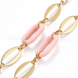Handmade Brass Oval Link Chains, with Acrylic Linking Rings, Unwelded, Real 18K Gold Plated, Pink, Link: 8.5x6.5x2mm and 24x12x2mm, Acrylic: 27.5x16.5x4.5mm. 