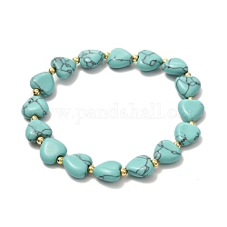 Bracelet extensible perles coeur pour fille femme, bracelet turquoise synthétique & perles de laiton, or, diamètre intérieur: 2-1/4 pouce (5.7 cm)