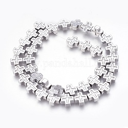 Electroplated Non-magnetic Synthetic Hematite Beads Strands, Polish, Cross, Platinum Plated, 10x10x4mm, Hole: 1mm, about 40pcs/strand, 15.94 inch(40.5cm)