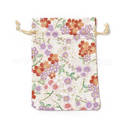 Burlap Packing Pouches, Drawstring Bags, Rectangle with Flower Pattern, Wheat, 14.2~14.7x10~10.3cm