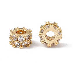 Micropave de latón transparente perlas de circonita, plano y redondo, real 18k chapado en oro, 9.3x5mm, agujero: 3.7 mm