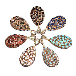 Polymer Clay Rhinestone Pendants, with Gemstone Chip/Natural Shell Chip and PU Leather, Teardrop, Golden, 50~51x31~32x7~8mm, PP12(1.8~1.9mm), Hole: 9x5mm