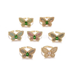 Anello a polsino aperto con farfalla in zirconi cubici, gioielli in vero ottone placcato oro 18k per le donne,  cadmio& piombo libero, colore misto, diametro interno: 17.5~18.5mm