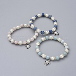 Bracciali tratto, con perline pietra preziosa naturali, perline di perla di vetro, charms in lega di zinco e perline distanziatori in strass di ottone, tartaruga di mare, 2-1/8 pollice (5.3 cm)