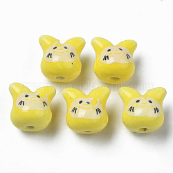 Handmade Porcelain Beads, Famille Rose Style, Cat, Yellow, 11.5x12x10.5mm, Hole: 2mm