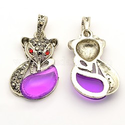 Zinc Alloy Resin Fox Pendants, with Grade A Rhinestone, Antique Silver Metal Color, Violet, 28x18x5mm, Hole: 4x5mm