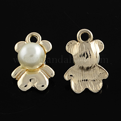 Light Gold Tone Alloy Bear Pendants, with ABS Plastic Imitation Pearl Round Cabochons, White, 19x13x9mm, Hole: 2mm