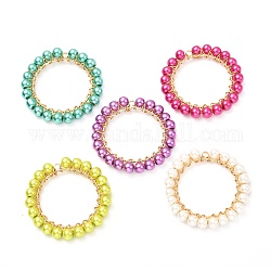 Pendenti rotondi di perle di vetro perlato dipinto a forno, con accessori di ottone, anello, colore misto, 33x4.5mm, Foro: 1.4 mm