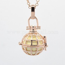 Rose Gold Tone Grid Brass Cage Pendants, Chime Ball Pendants, with Brass Spray Painted Bell Beads, Lemon Chiffon, 25x23x19mm, Hole: 3x5mm