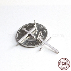 Rack Plating 925 Sterling Silver Pendants, with Jump Rings & 925 Stamp, Cross Charms, Silver, 16x9.5x1.2mm, Hole: 5mm
