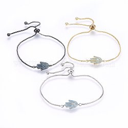 Adjustable Brass Micro Pave Cubic Zirconia Bolo Bracelets, Slider Bracelets, Hamsa Hand/Hand of Fatima/Hand of Miriam, Sky Blue, Mixed Color, 10-1/4inch(26cm), 1.2mm