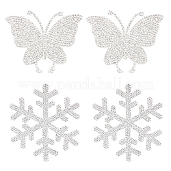 Superfindings 4 pz 2 stile fiocco di neve e strass hotfix con glitter a farfalla, ferro sulle toppe, decorazione dell'indumento delle scarpe di vestito, cirstallo, 60~90x73~78x2mm, 2pcs / style
