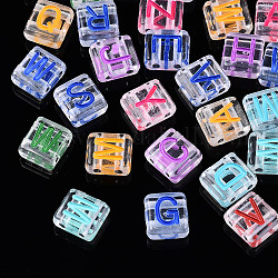 Liens de multi-brins en acrylique transparent, pour la fabrication de bracelets élastiques, carré avec lettre, lettre mixte, couleur mixte, 8x8x4mm, Trou: 1.5mm