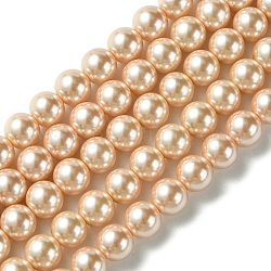 Brins de perles rondes en verre teinté écologique, Grade a, cordon en coton fileté, saumon clair, 8mm, Trou: 0.7~1.1mm, Environ 52 pcs/chapelet, 15 pouce