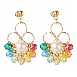 Fiore colorato perline di vetro penzolano orecchini per le donne della ragazza, orecchini rotondi con perle di perle di conchiglia, oro, 40mm, ago :0.8mm
