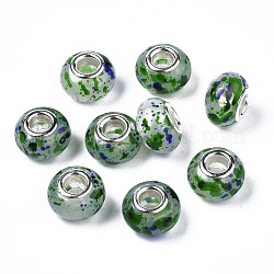 Perles européennes en alliage, Perles avec un grand trou   , en laiton de tonalité de platine noyaux doubles, imitation gelée, rondelle, verte, 14x9mm, Trou: 5mm