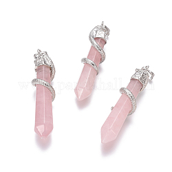 Natural Rose Quartz Big Pendants, with Brass Findings, Snake with Diamond, Platinum Metal Color, 60x12mm, Hole: 5x7mm