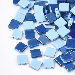 Microsfere perline di vetro opaco opaco, 2-foro, rettangolo, blu placcato, cielo azzurro, 5x4.5~5.5x2~2.5mm, Foro: 0.5~0.8 mm