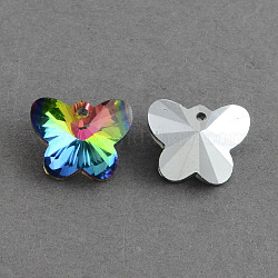 Butterfly Electroplated Glass Pendants, Silver Plated Bottom, Faceted, Colorful, 12x15x7mm, Hole: 1mm