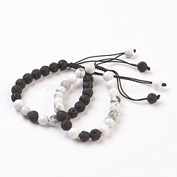 Valentines Day Special Gifts, Natural Lava Rock and Howlite Braided Bead Bracelets, 1-7/8 inch(4.9cm), 2strands/set