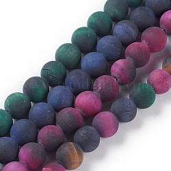 Natural Tiger Eye Beads Strands, Dyed & Heated , Frosted, Round, Mixed Color, 8mm, Hole: 1.2mm, about 46~49pcs/strand, 14.7~15.3 inch(37.5~39cm)