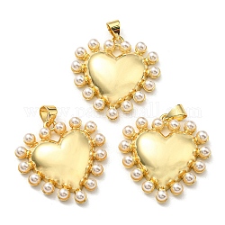 Brass Pendants, with Plastic Imitation Pearls, Long-Lasting Plated, Lead Free & Cadmium Free, Heart Charm, Real 18K Gold Plated, 26x25.5x5.5mm, Hole: 3.4x4.5mm