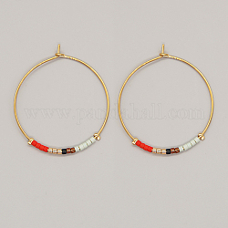 Semences de verre perles boucles d'oreilles, boucles d'oreilles de plage bohème, rouge-orange, 30x30mm