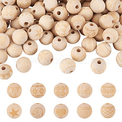 100pcs 10 perles européennes en bois naturel non fini de style, Perles avec un grand trou   , pour l'artisanat de peinture de bricolage, motif gravé au laser, ronde avec motif de fleurs, burlywood, 16x14.5mm, Trou: 4mm, 10 pièces / style