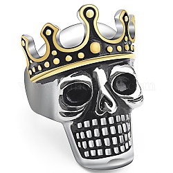 Steam Punk Style Titanium Steel Enamel Skull with Crown Finger Rings, Wide Rings for Men, Golden & Stainless Steel Color, US Size 12 1/4