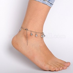Brass Bell Anklets, with Iron Curb Chains ,Brass Lobster Claw Clasps and Iron Emd Chains, Platinum, 265mm