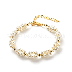 Glass Pearl Braided Beaded Bracelet, Brass Wire Wrap Jewelry for Women, Creamy White, 7-1/8 inch(18.2cm)
