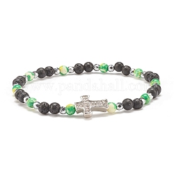 Bracelet extensible en perles de pierres précieuses mélangées naturelles et synthétiques avec croix en zircone cubique transparente pour femme, pelouse verte, diamètre intérieur: 2-1/4 pouce (5.6 cm)