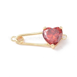 Brass Connector Charms, Heart Safety Pin Links, with Glass, Real 18K Gold Plated, Dark Red, 11x28x5mm, Hole: 1mm