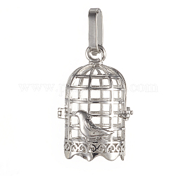 Brass Cage Pendants, For Chime Ball Pendant Necklaces Making, Cadmium Free & Nickel Free & Lead Free, Bird in The Cage, Platinum, 28.5x19x16mm, Hole: 3.5x9mm, Inner Diameter: 13.5x17mm