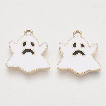 Light Gold Plated Alloy Pendants, with Enamel, Ghost, Halloween, White, 20.5x18x2.5mm, Hole: 2mm
