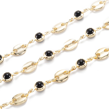 Handmade Brass Beaded Chain, Coffee Chain, with CCB Plastic Beads, Long-Lasting Plated, with Spool, Unwelded, Light Gold, Black, oval: 8.5x7x1.5mm, bead: 12x6x5mm, 32.8 Feet(10m)/roll