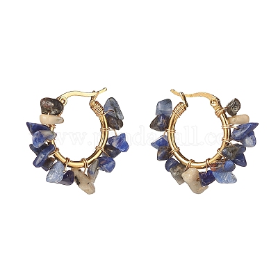 Плетеные серьги-кольца с кусочками натуральных драгоценных камней EJEW-JE04940-1